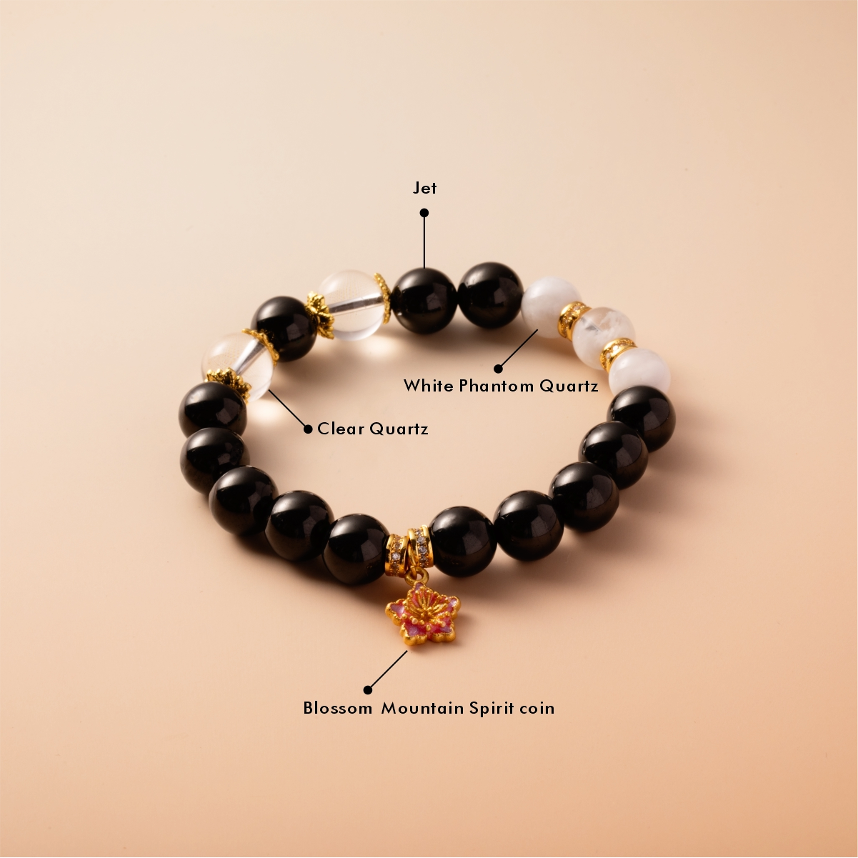 Bracelet For Water Element Gentle & Balance Energy - Jet & White Phantom Quartz & Clear Quartz