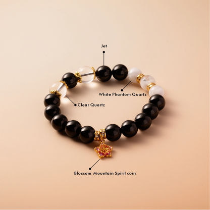 Bracelet For Water Element Gentle & Balance Energy - Jet & White Phantom Quartz & Clear Quartz