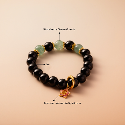 Bracelet For Water Element Amplified Energy - Jet & Strawberry Green Quartz