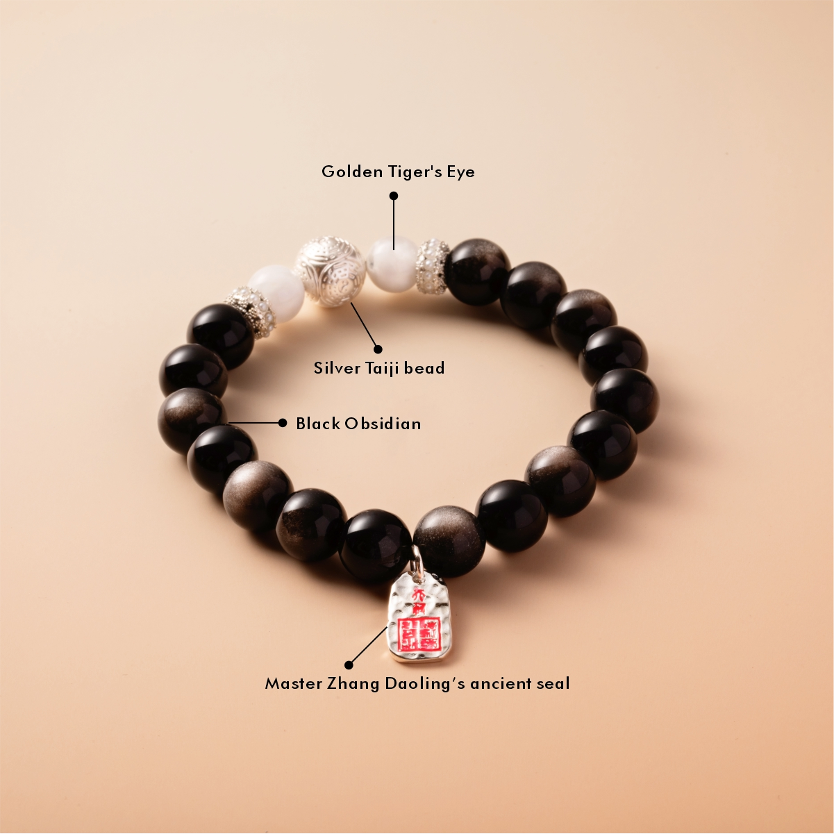 Bracelet For Water Element  Gentle & Balance Energy - Black Obsidian & White Phantom Quartz