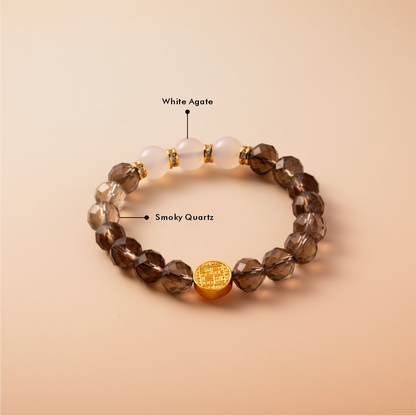 Bracelet For Water Element Gentle & Balance Energy - Smoky Quartz & White Agate