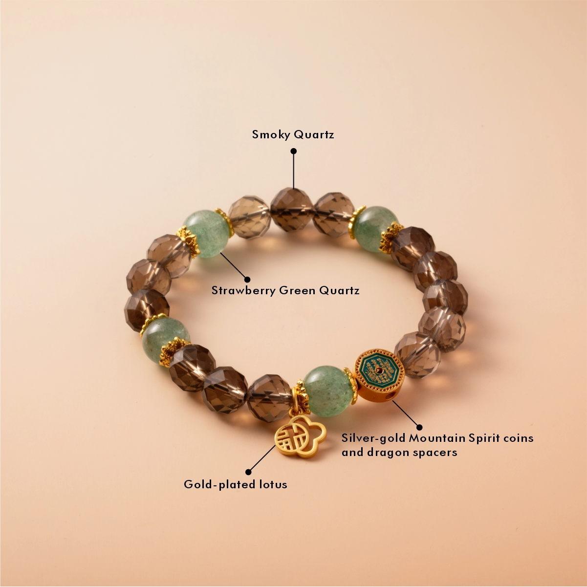 Bracelet For Water Element Amplified Energy - Smoky Quartz & Strawberry Green Quartz
