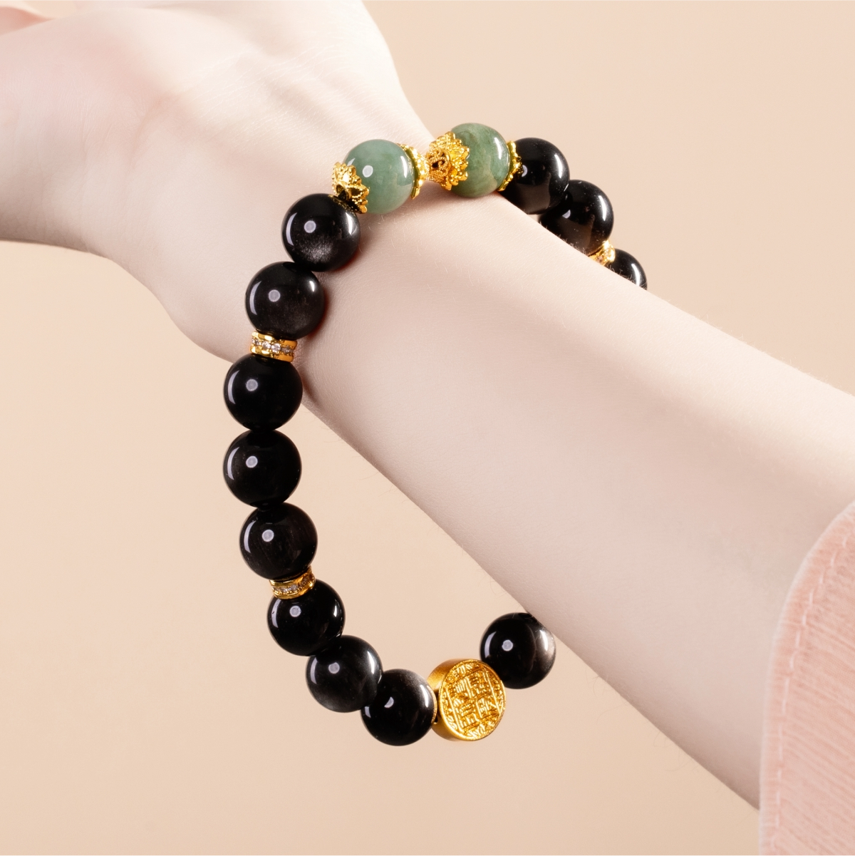 Bracelet For Water Element Amplified Energy - Black Obsidian & Jadeite
