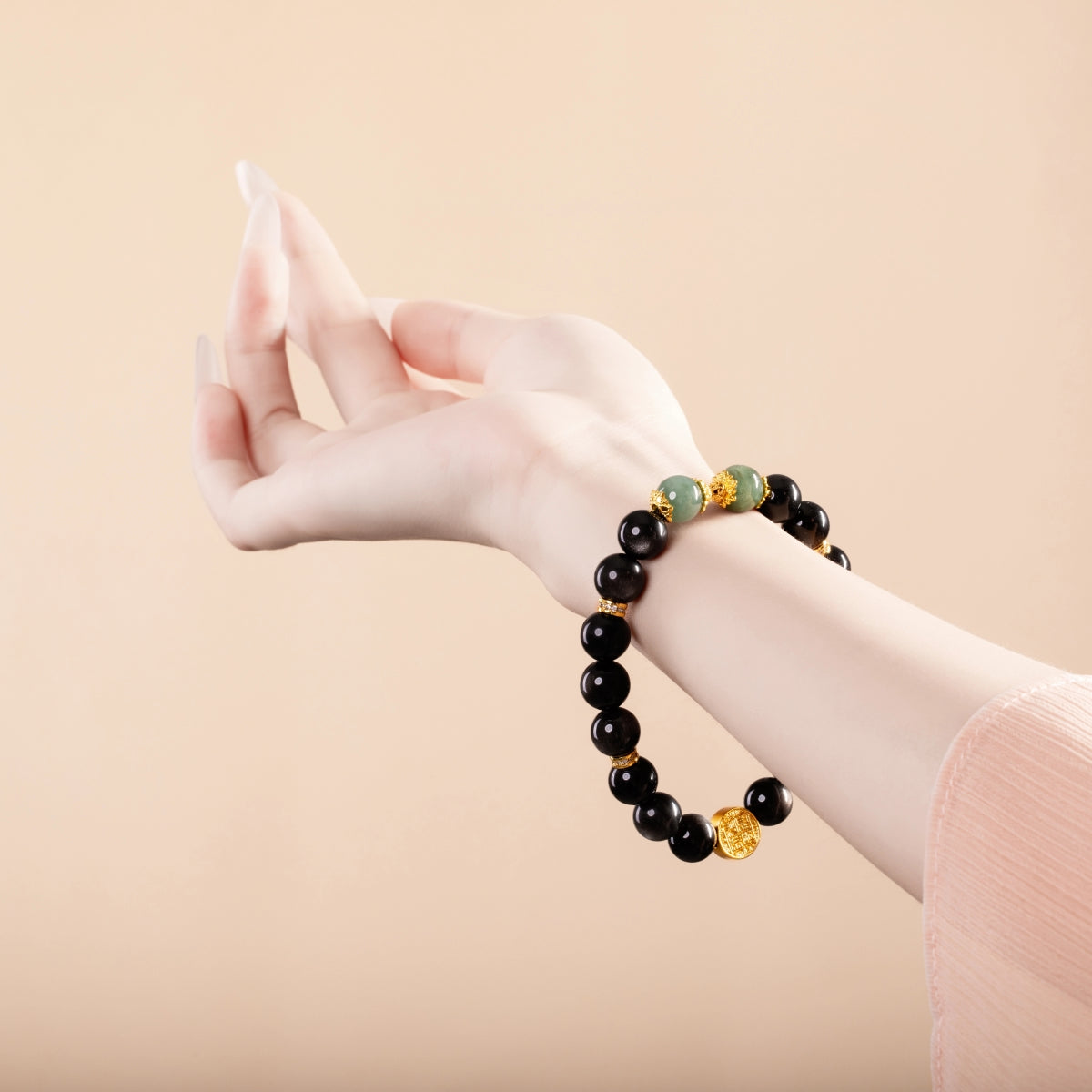 Bracelet For Water Element Amplified Energy - Black Obsidian & Jadeite