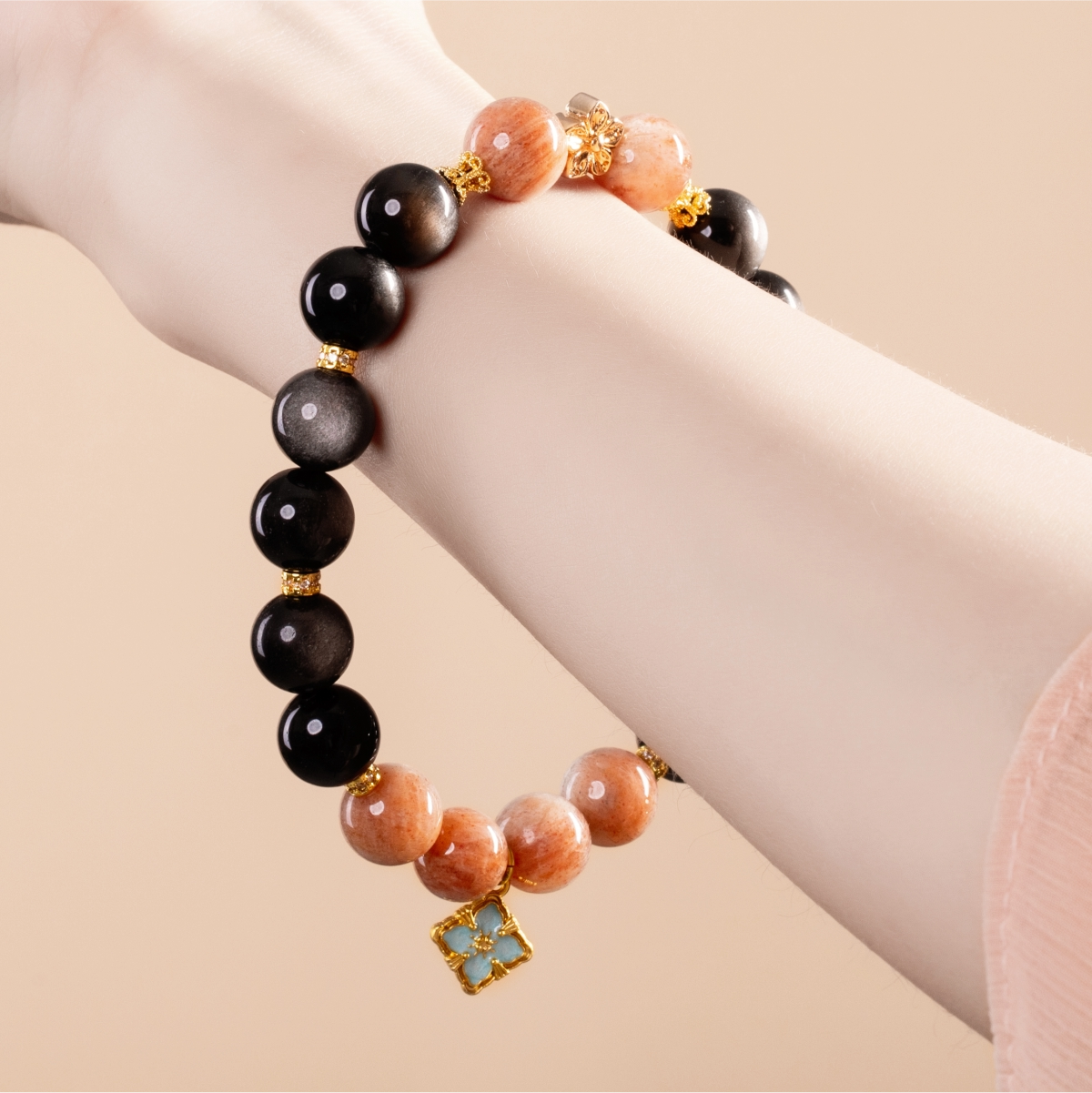 Bracelet For Water Element Amplified Energy - Black Obsidian & Sunstone
