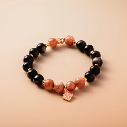 Bracelet For Water Element Amplified Energy - Black Obsidian & Sunstone