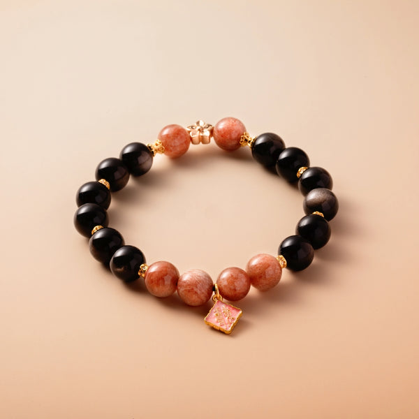 Bracelet For Water Element Amplified Energy - Black Obsidian & Sunstone