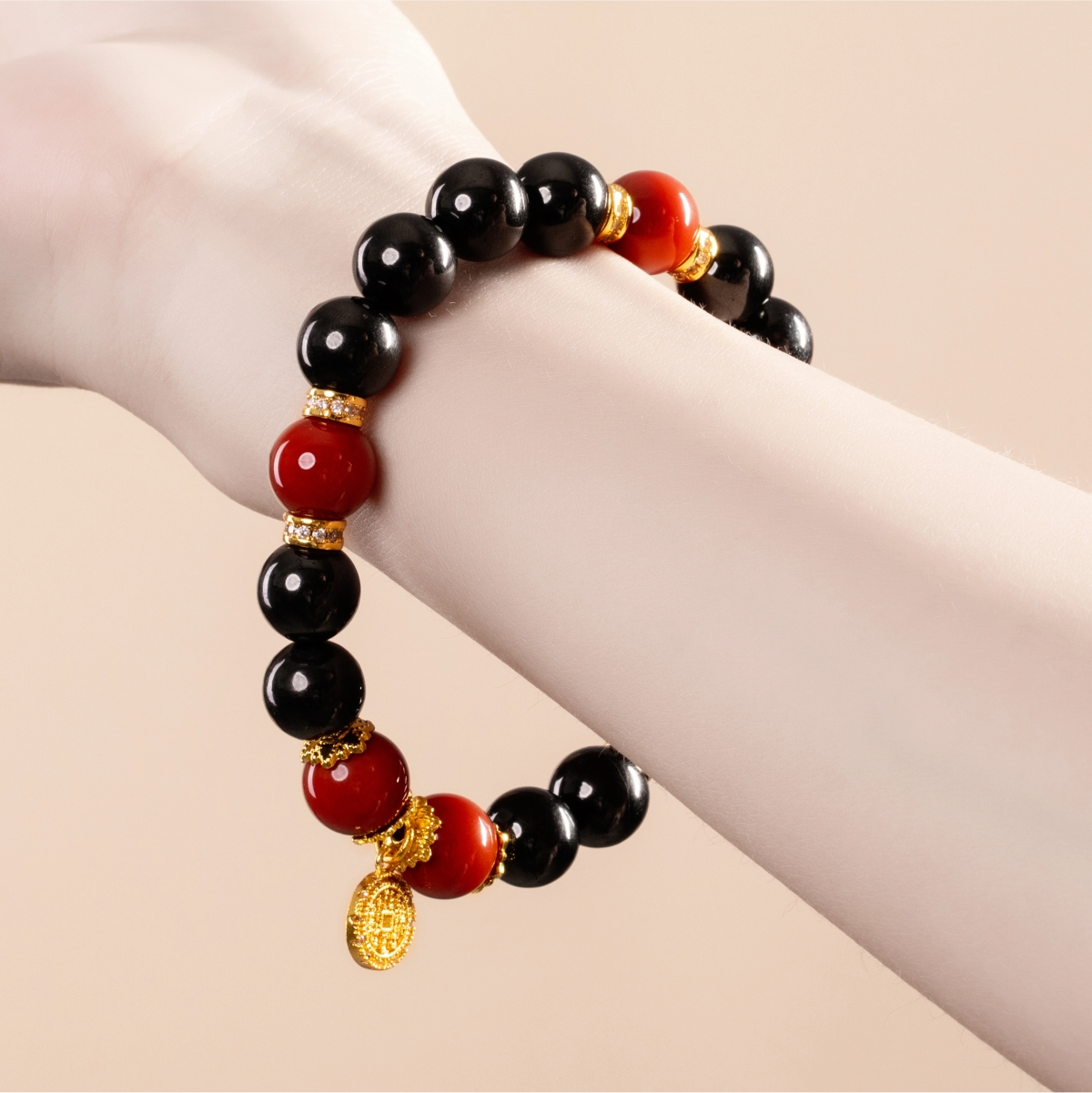 Bracelet For Water Element Amplified Energy - Jet & Red Agate
