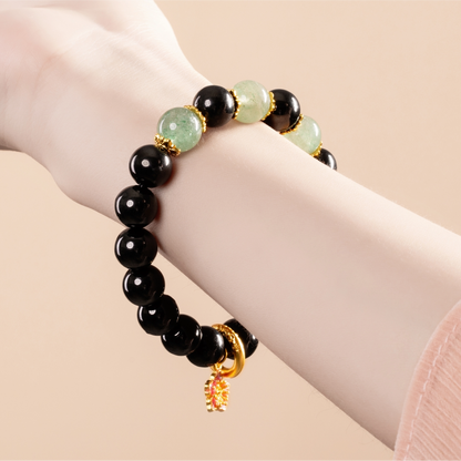 Bracelet For Water Element Amplified Energy - Jet & Strawberry Green Quartz