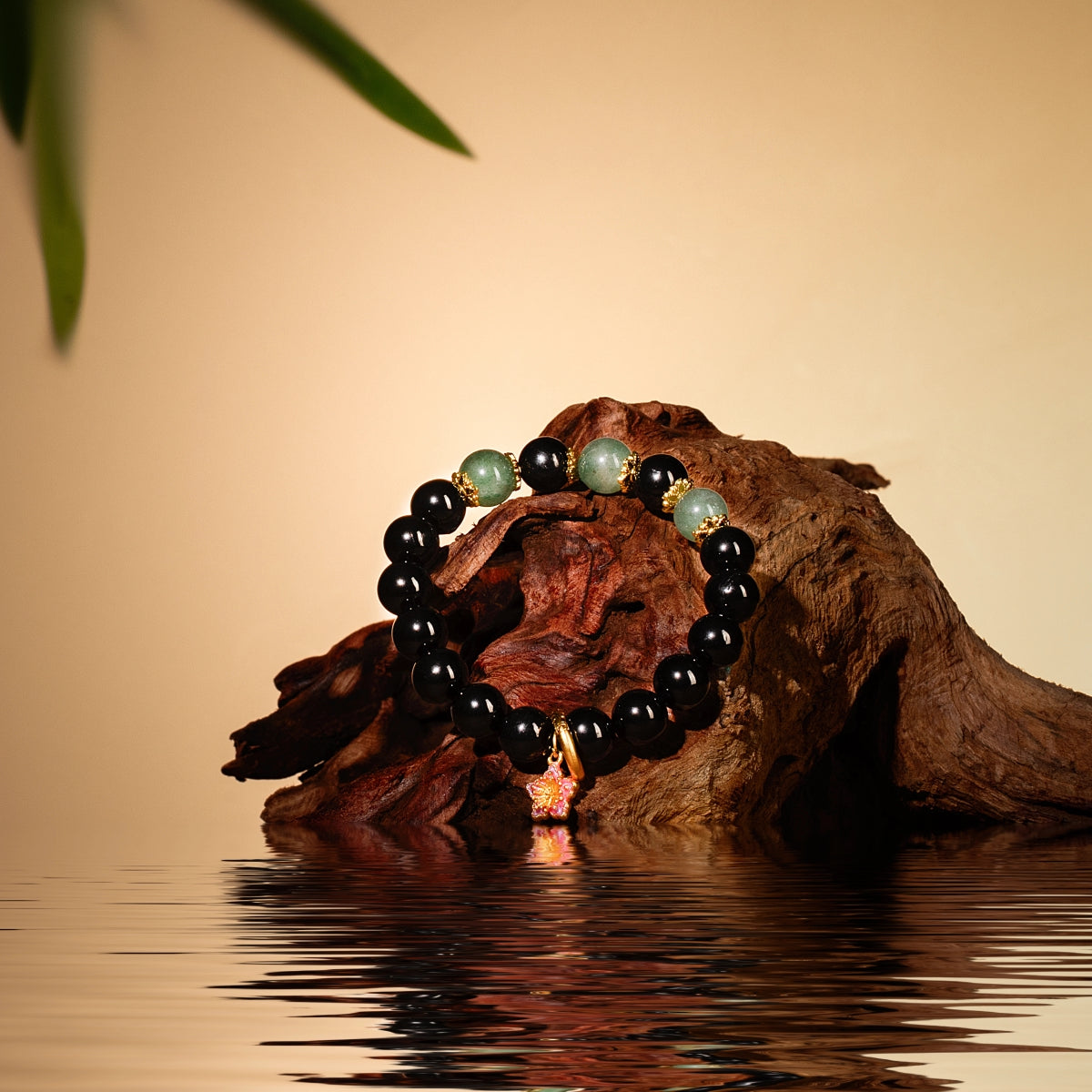 Bracelet For Water Element Amplified Energy - Jet & Strawberry Green Quartz