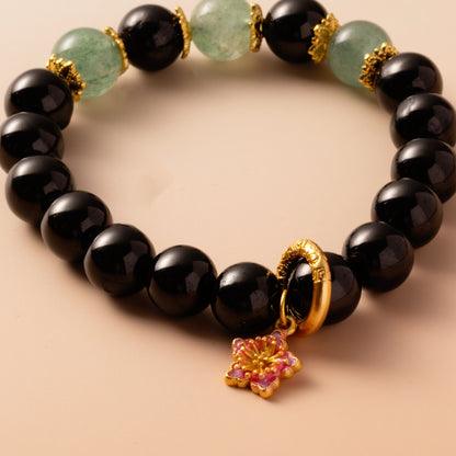 Bracelet For Water Element Amplified Energy - Jet & Strawberry Green Quartz
