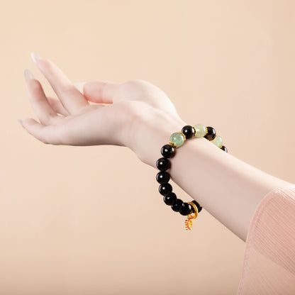 Bracelet For Water Element Amplified Energy - Jet & Strawberry Green Quartz