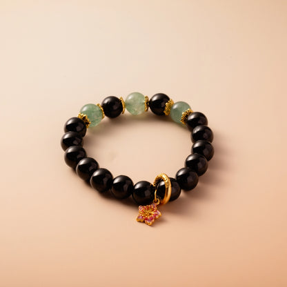 Bracelet For Water Element Amplified Energy - Jet & Strawberry Green Quartz