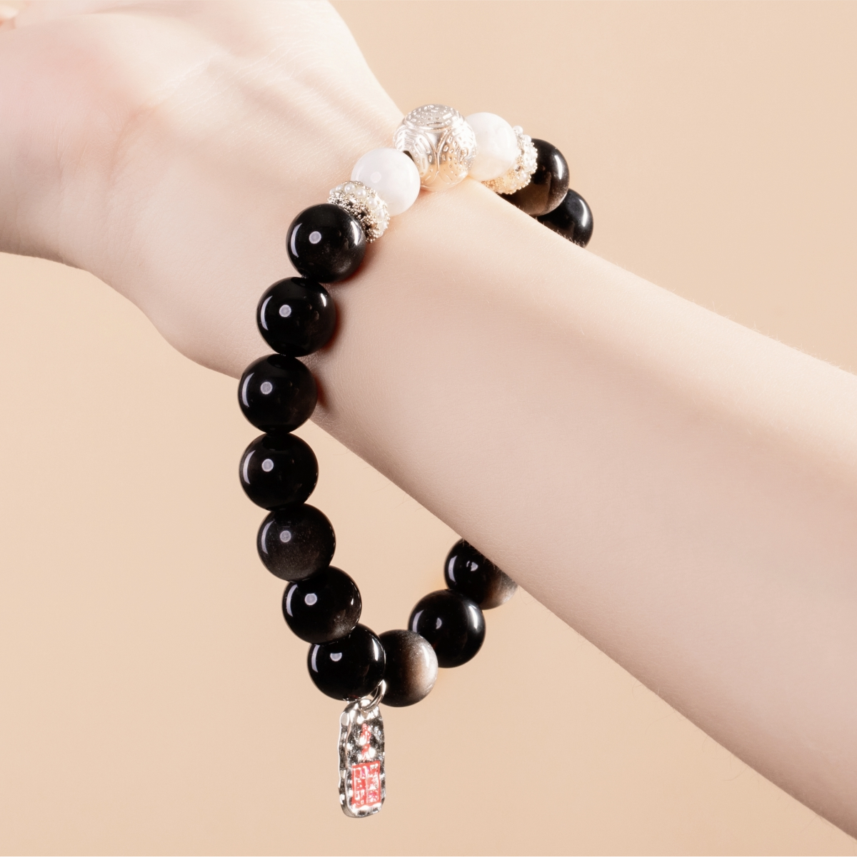 Bracelet For Water Element  Gentle & Balance Energy - Black Obsidian & White Phantom Quartz