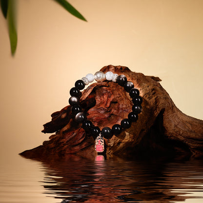 Bracelet For Water Element  Gentle & Balance Energy - Black Obsidian & White Phantom Quartz