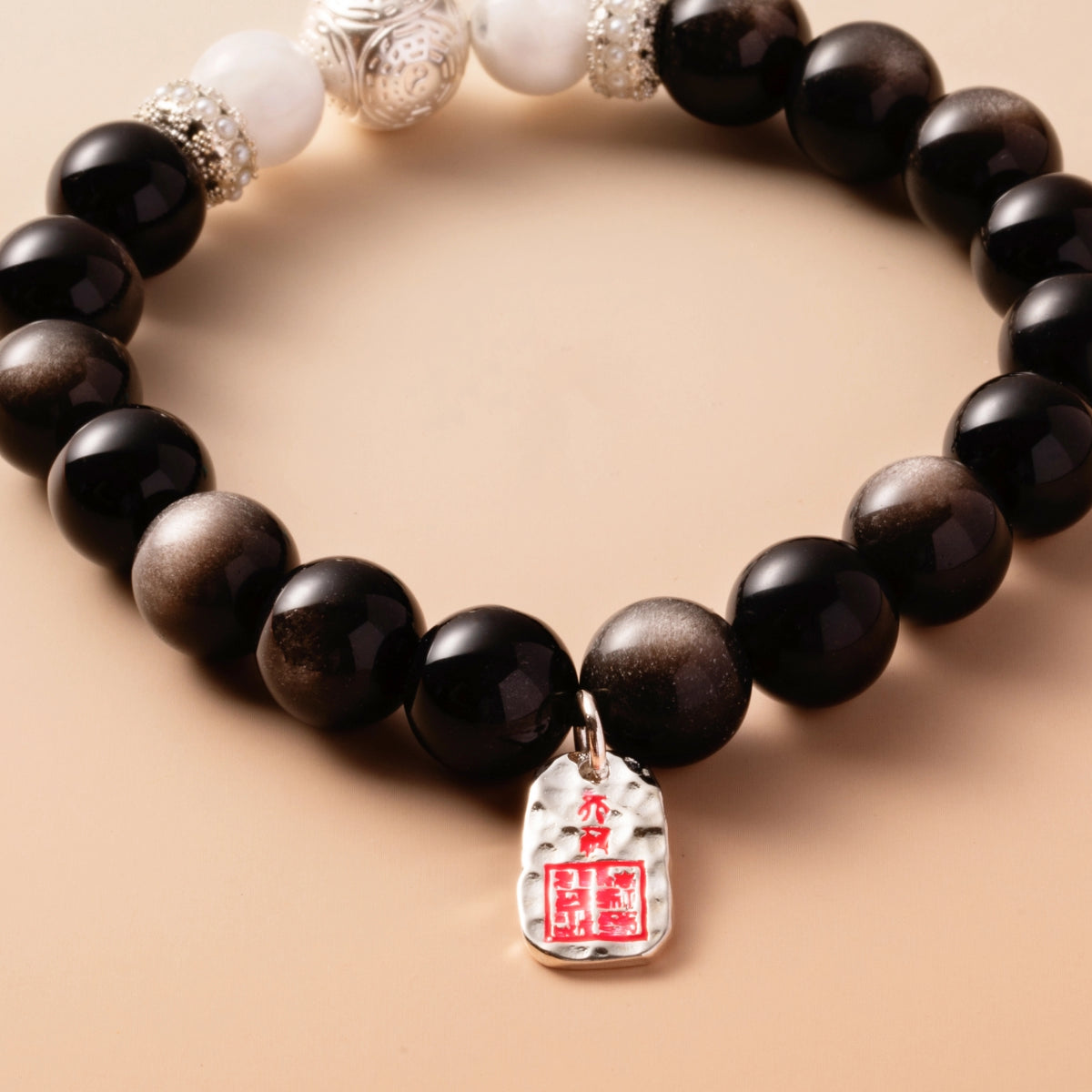 Bracelet For Water Element  Gentle & Balance Energy - Black Obsidian & White Phantom Quartz