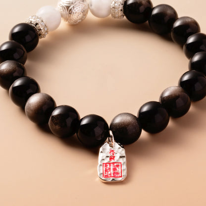 Bracelet For Water Element  Gentle & Balance Energy - Black Obsidian & White Phantom Quartz