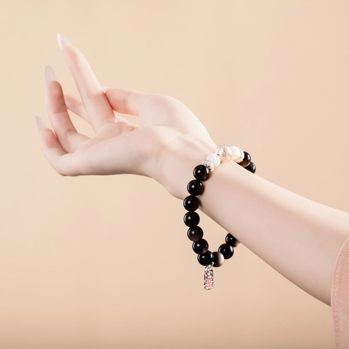 Bracelet For Water Element  Gentle & Balance Energy - Black Obsidian & White Phantom Quartz