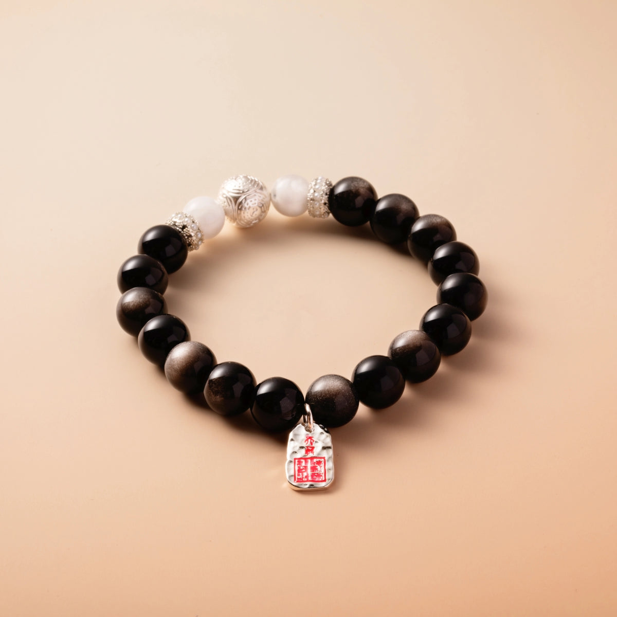 Bracelet For Water Element  Gentle & Balance Energy - Black Obsidian & White Phantom Quartz
