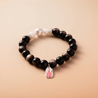 Bracelet For Water Element  Gentle & Balance Energy - Black Obsidian & White Phantom Quartz
