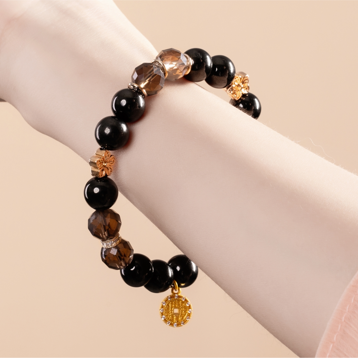 Bracelet For Water Element Gentle & Balance Energy - Jet & Smoky Quartz