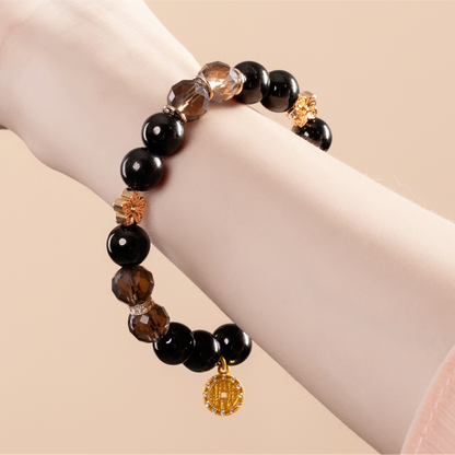 Bracelet For Water Element Gentle & Balance Energy - Jet & Smoky Quartz