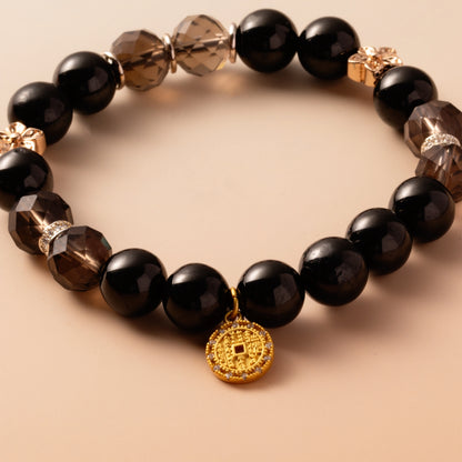 Bracelet For Water Element Gentle & Balance Energy - Jet & Smoky Quartz