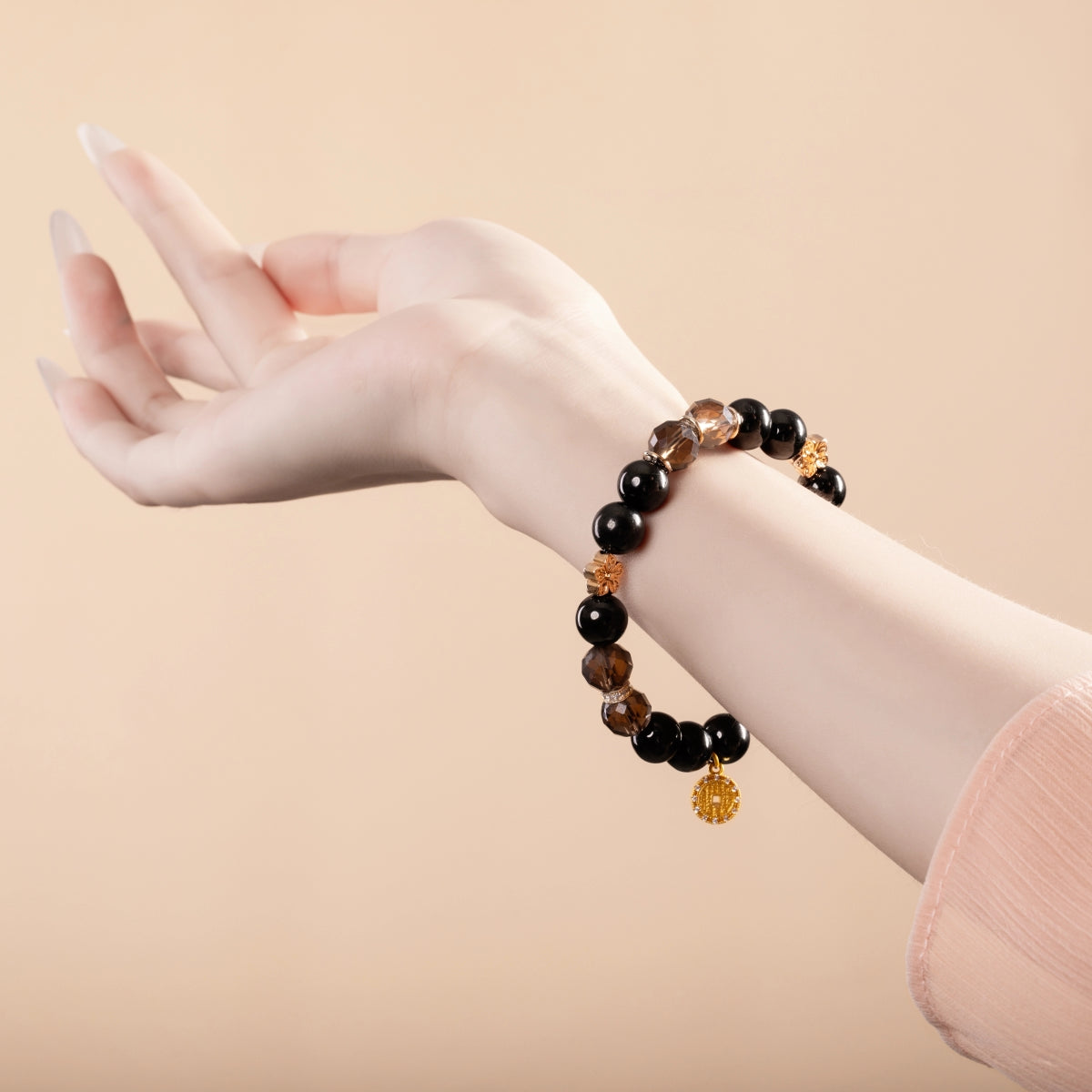 Bracelet For Water Element Gentle & Balance Energy - Jet & Smoky Quartz