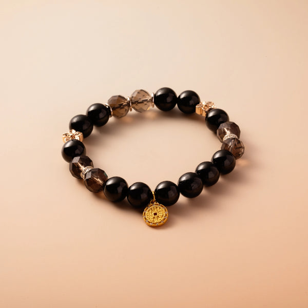 Bracelet For Water Element Gentle & Balance Energy - Jet & Smoky Quartz