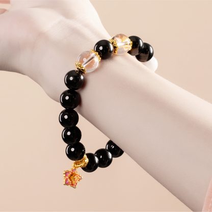 Bracelet For Water Element Gentle & Balance Energy - Jet & White Phantom Quartz & Clear Quartz