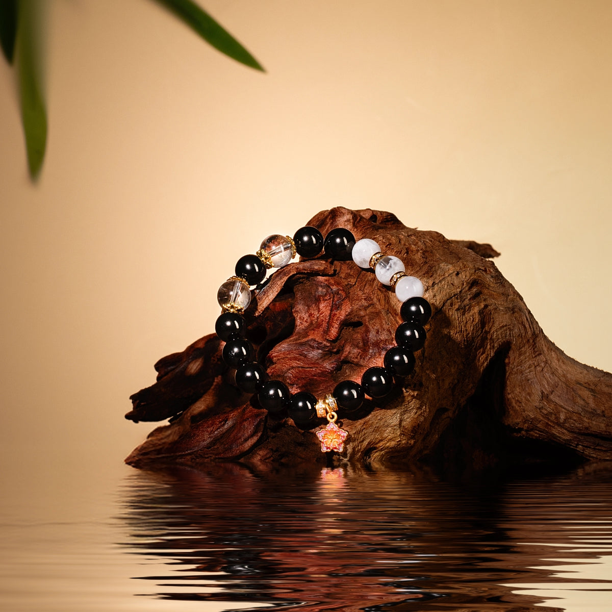 Bracelet For Water Element Gentle & Balance Energy - Jet & White Phantom Quartz & Clear Quartz