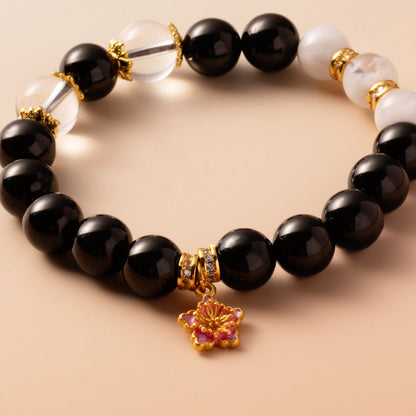 Bracelet For Water Element Gentle & Balance Energy - Jet & White Phantom Quartz & Clear Quartz