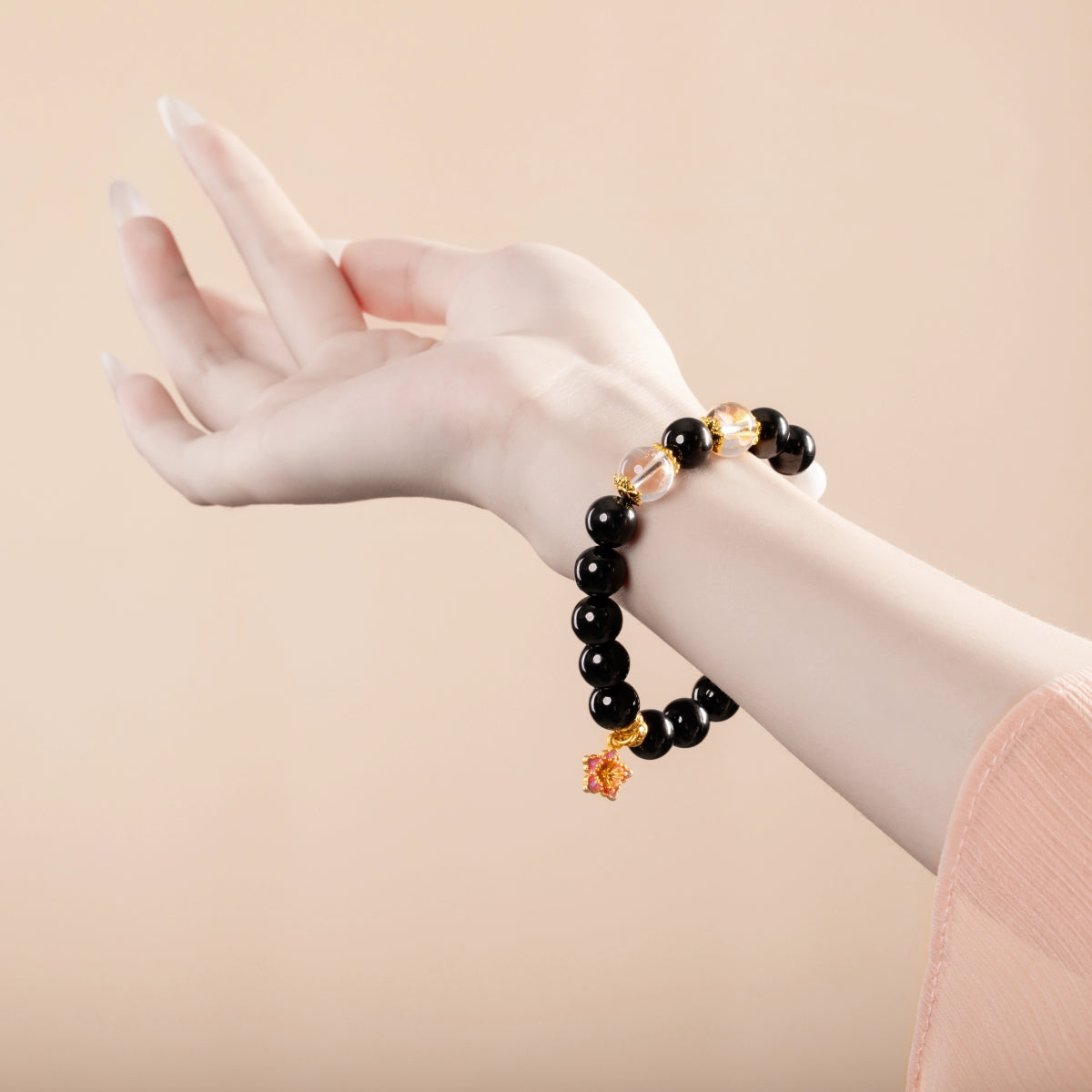 Bracelet For Water Element Gentle & Balance Energy - Jet & White Phantom Quartz & Clear Quartz