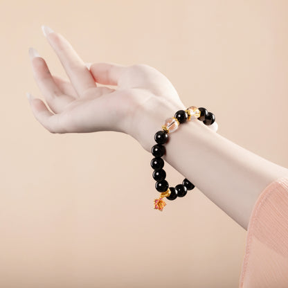 Bracelet For Water Element Gentle & Balance Energy - Jet & White Phantom Quartz & Clear Quartz