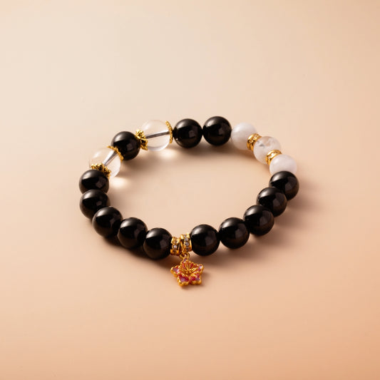 Bracelet For Water Element Gentle & Balance Energy - Jet & White Phantom Quartz & Clear Quartz