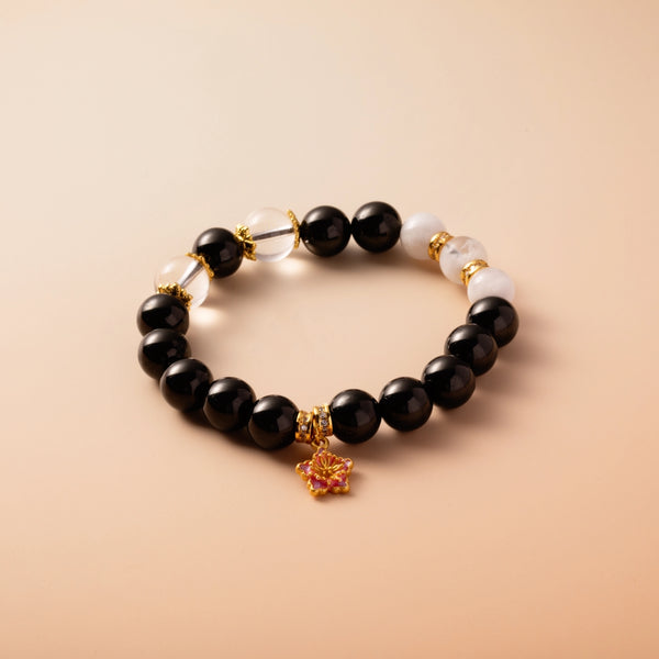 Bracelet For Water Element Gentle & Balance Energy - Jet & White Phantom Quartz & Clear Quartz