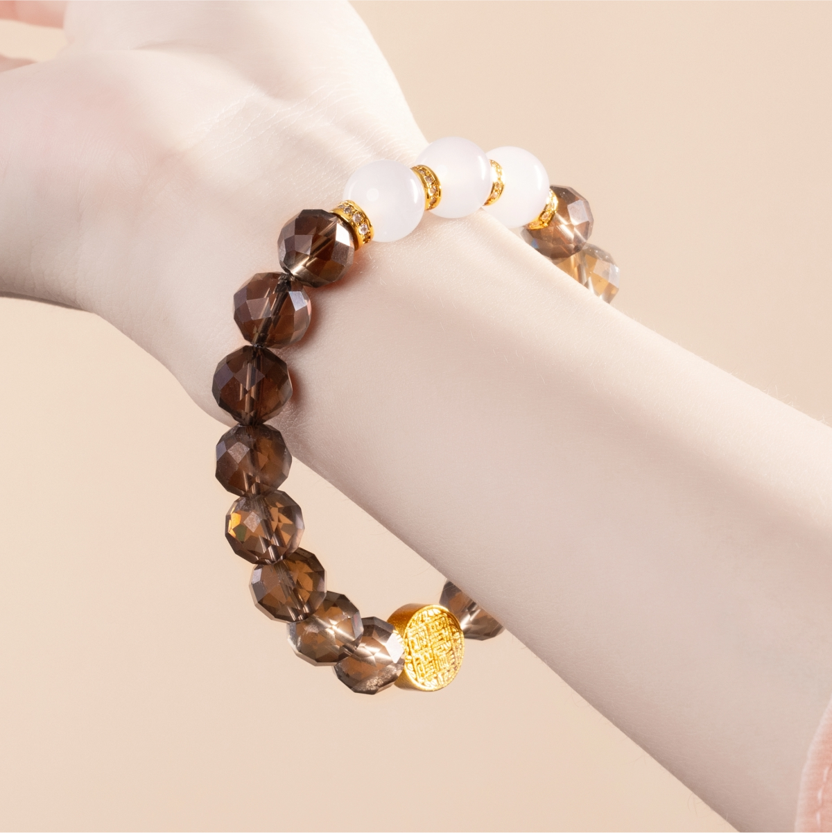 Bracelet For Water Element Gentle & Balance Energy - Smoky Quartz & White Agate