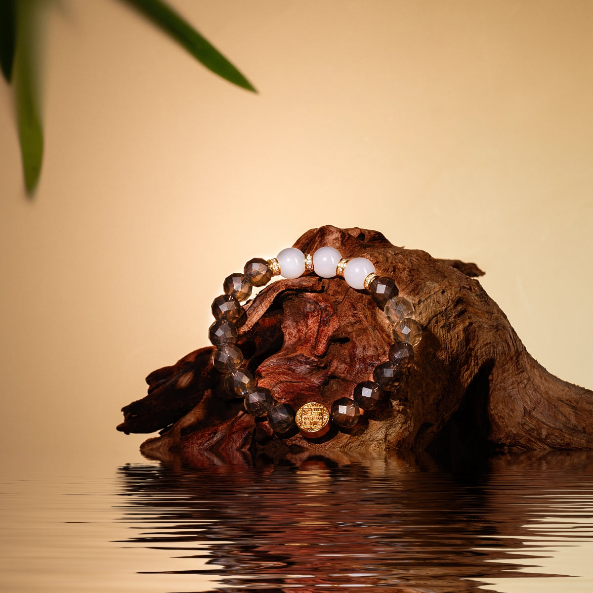 Bracelet For Water Element Gentle & Balance Energy - Smoky Quartz & White Agate