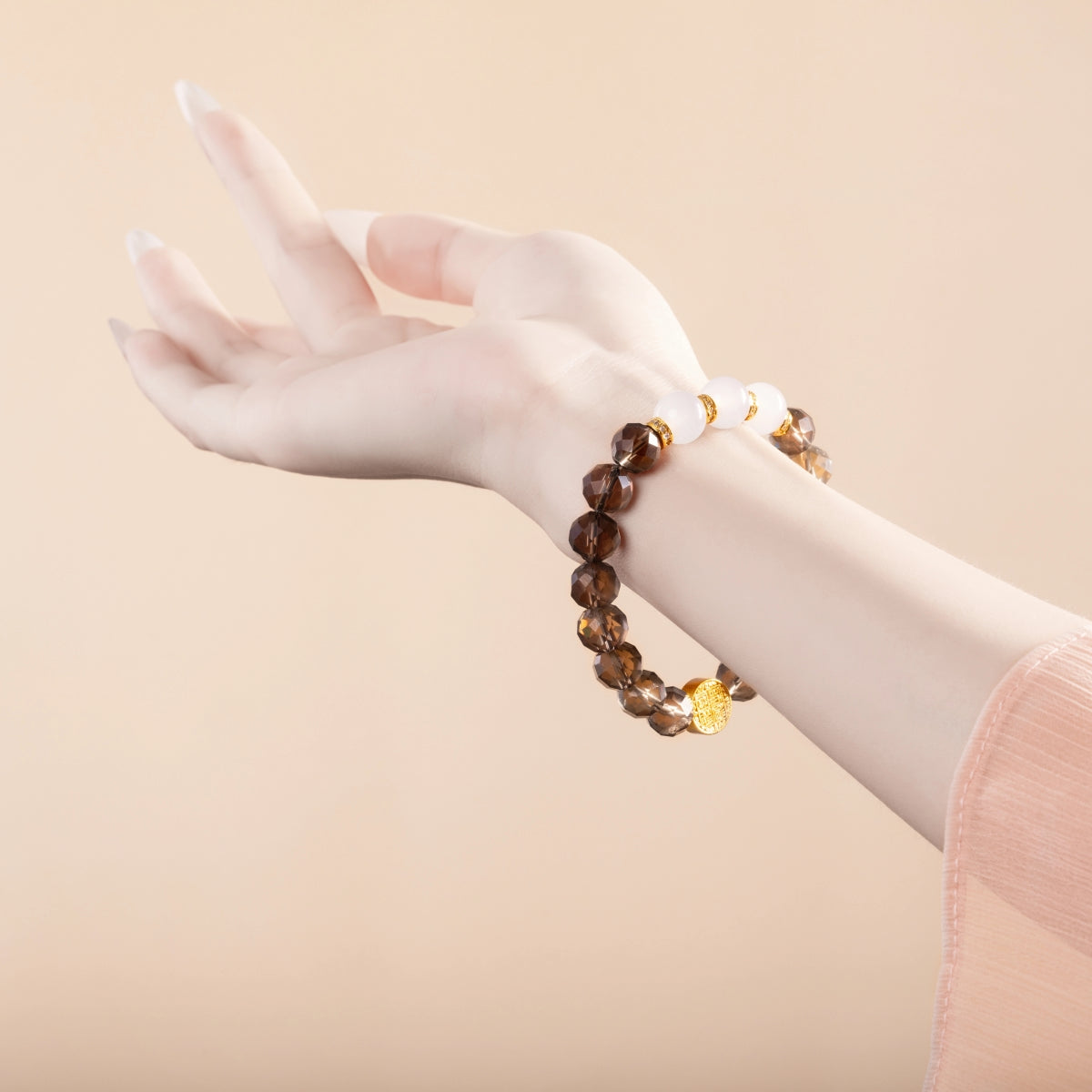 Bracelet For Water Element Gentle & Balance Energy - Smoky Quartz & White Agate