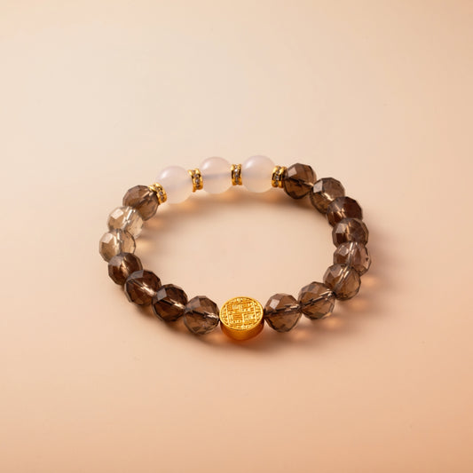 Bracelet For Water Element Gentle & Balance Energy - Smoky Quartz & White Agate