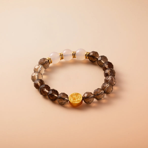 Bracelet For Water Element Gentle & Balance Energy - Smoky Quartz & White Agate