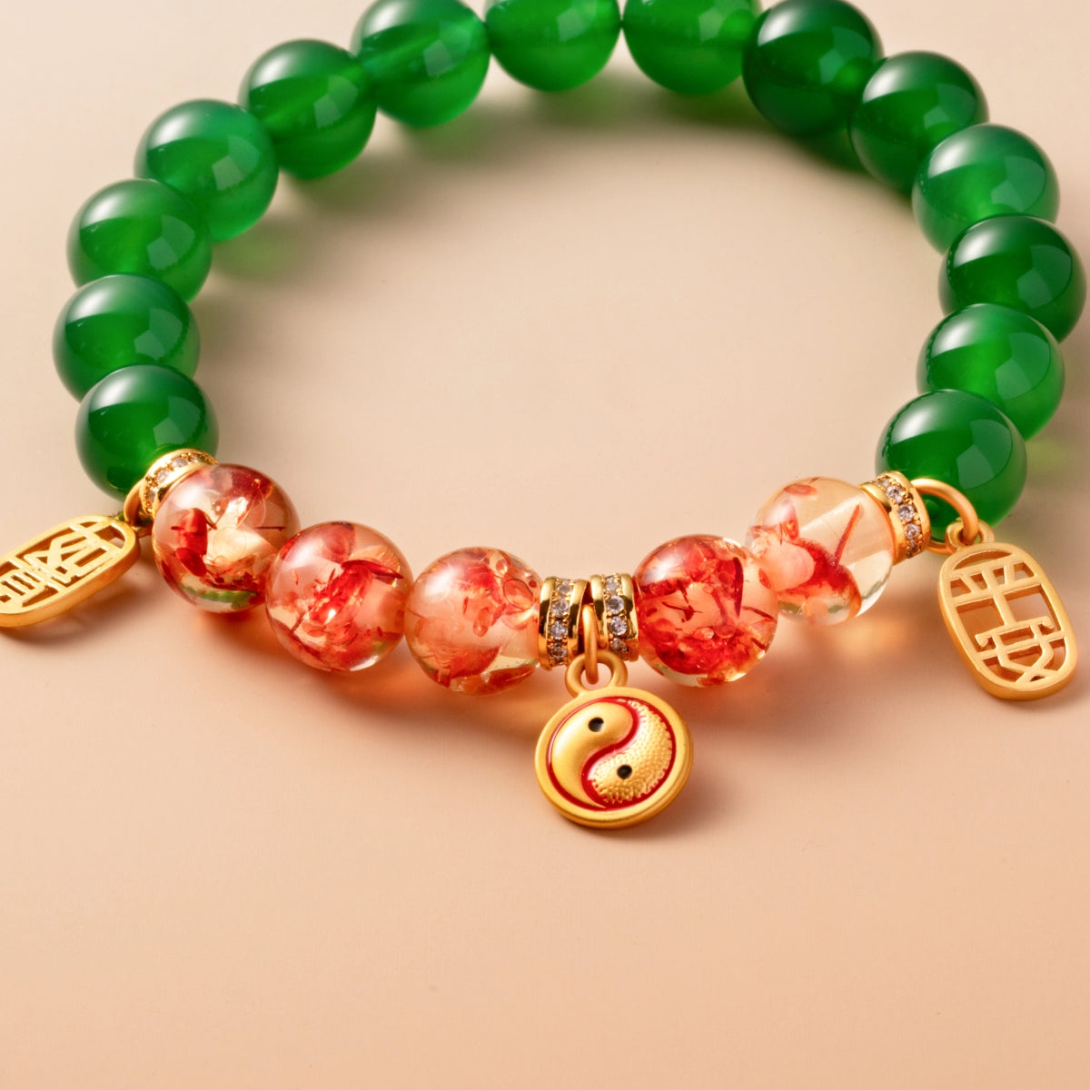 Bracelet For Wood Element Amplified Energy - Green Agate & Flower Amber