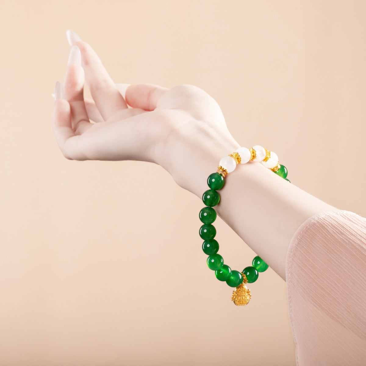 Bracelet For Wood Element Amplified Energy - Green Agate & White Phantom Quartz