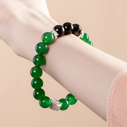 Bracelet For Wood Element Gentle & Balance Energy- Green Agate & Black Agate
