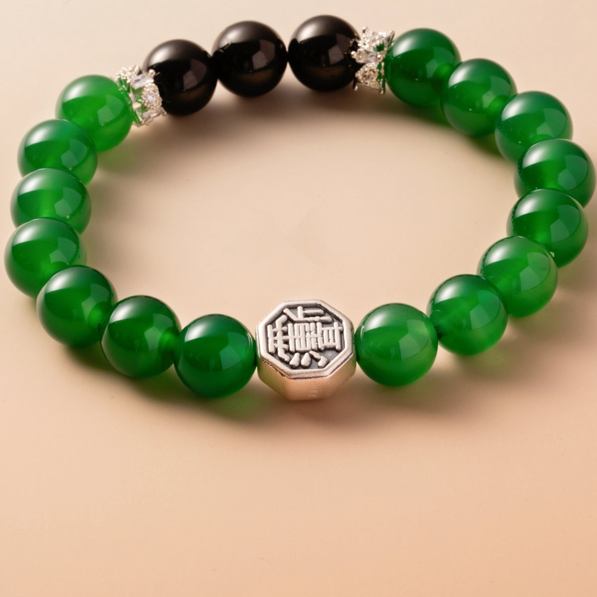 Bracelet For Wood Element Gentle & Balance Energy- Green Agate & Black Agate