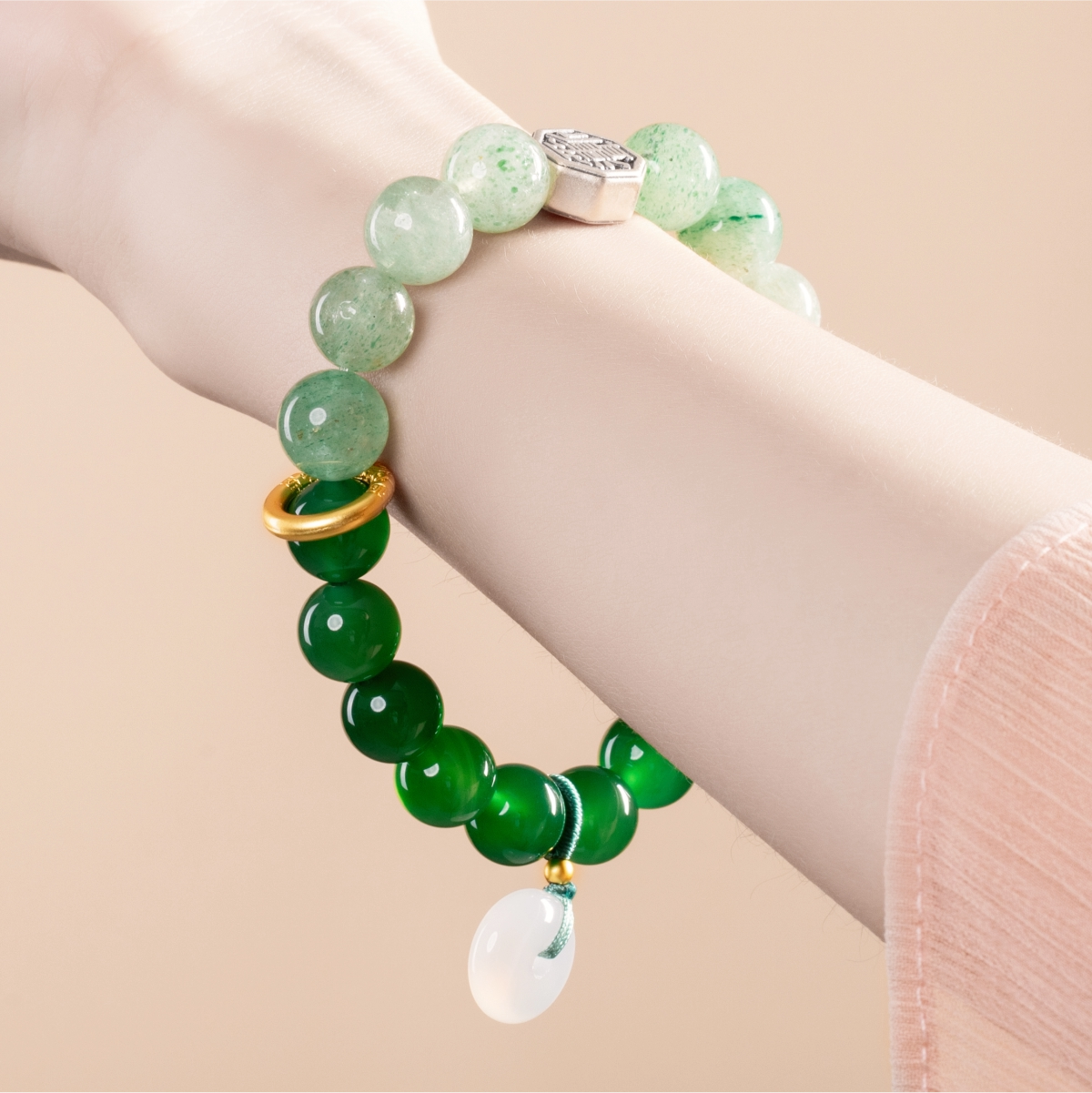 Bracelet For Wood Element Gentle & Balance Energy- Green Agate & Green Quartz