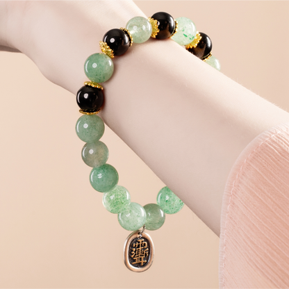 Bracelet For Wood Element Gentle & Balance Energy- Green Quartz & Black Agate