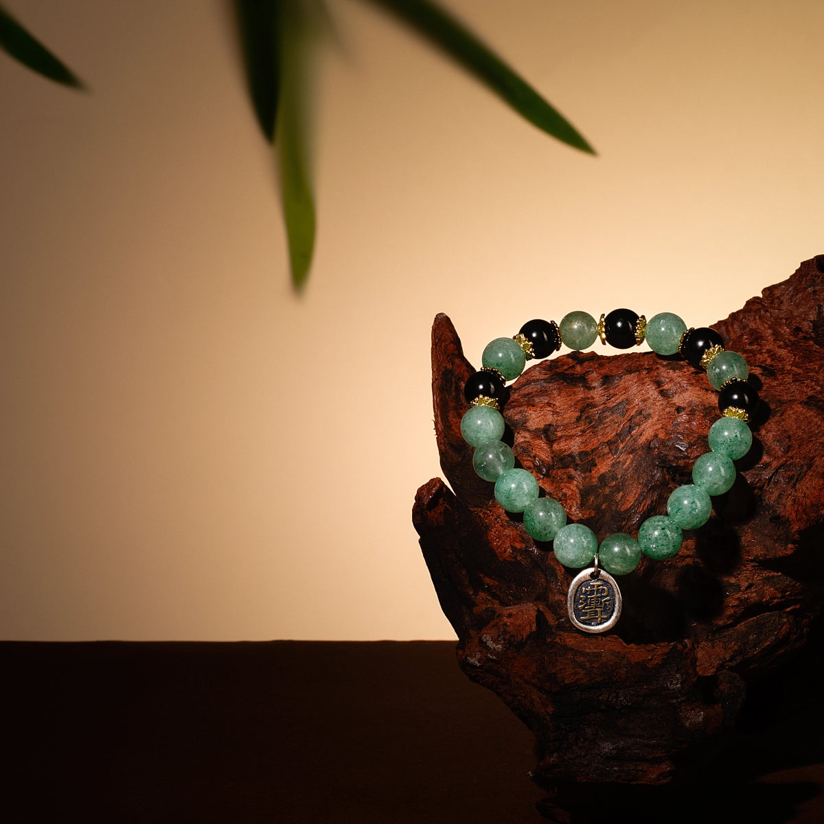 Bracelet For Wood Element Gentle & Balance Energy- Green Quartz & Black Agate