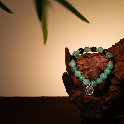 Bracelet For Wood Element Gentle & Balance Energy- Green Quartz & Black Agate