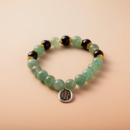 Bracelet For Wood Element Gentle & Balance Energy- Green Quartz & Black Agate